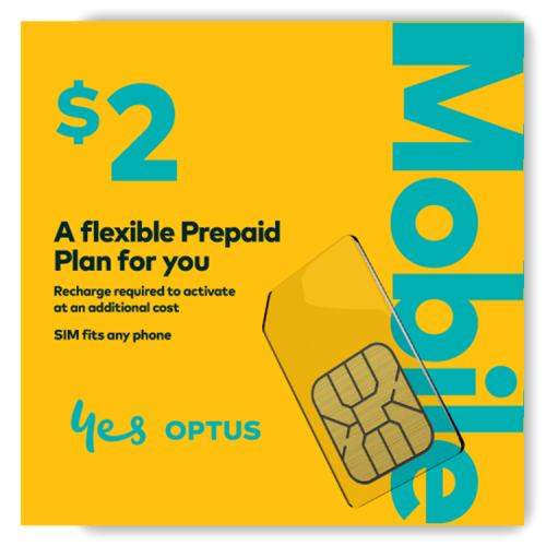 Image of a Optus starter pack card, featuring the Optus logo & A flexible prepaid plan for you