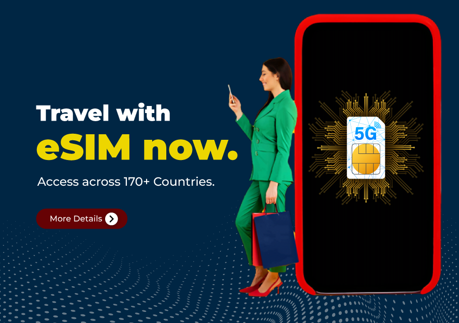 A banner with text travel with esim now and a character standing near to smartphone