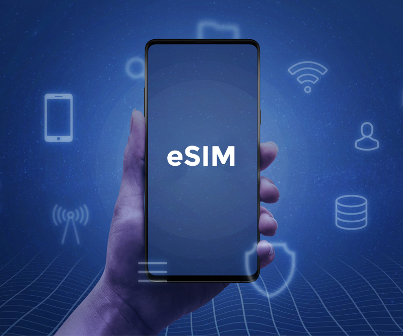 A smartphone held in the hand with eSIM written on display and surrounded by icons of the network.