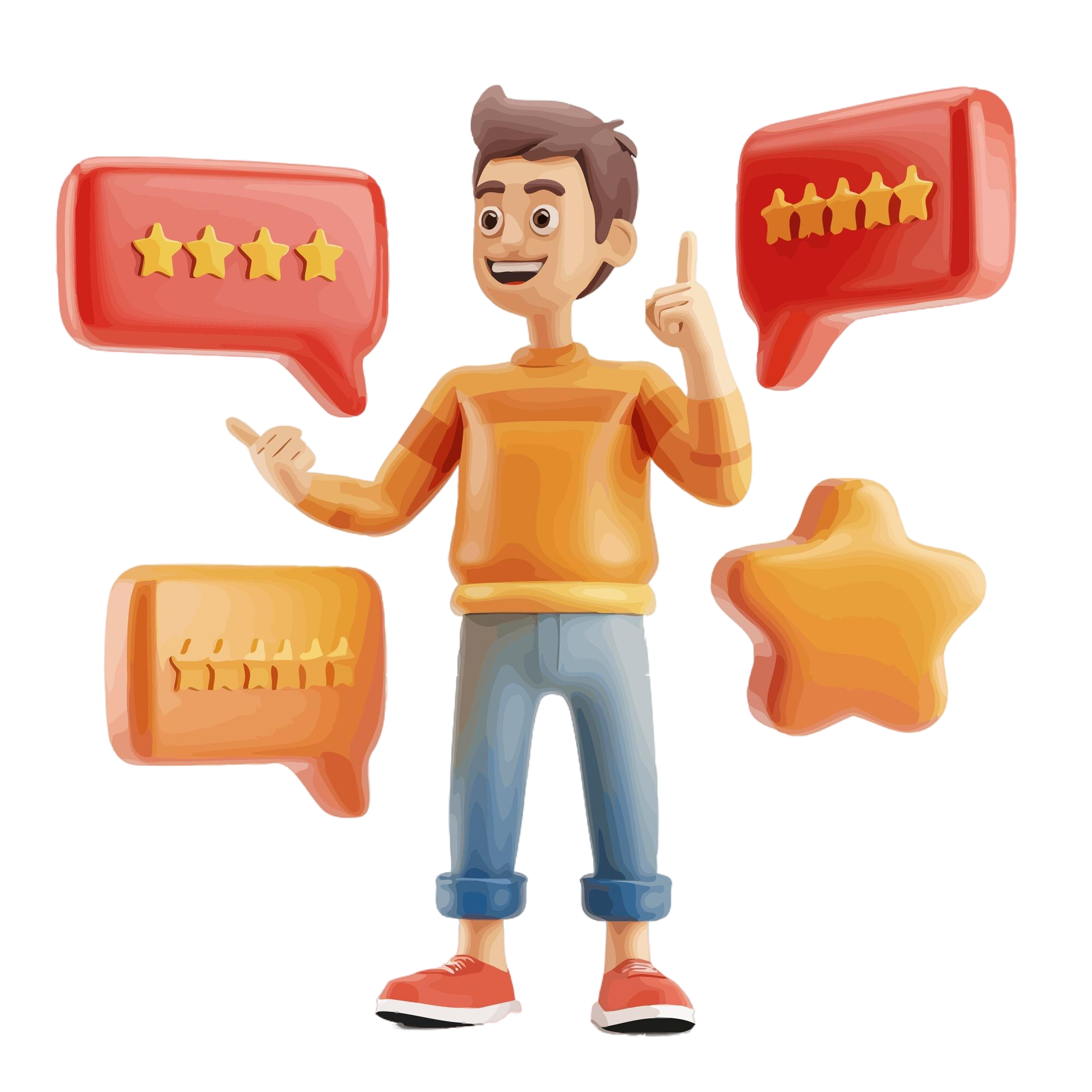 3D character with review and star rating icon