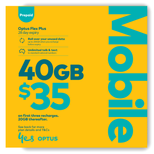 Image of an Optus 40GB prepaid plan card, featuring the Optus logo & Optus Flex Plus.