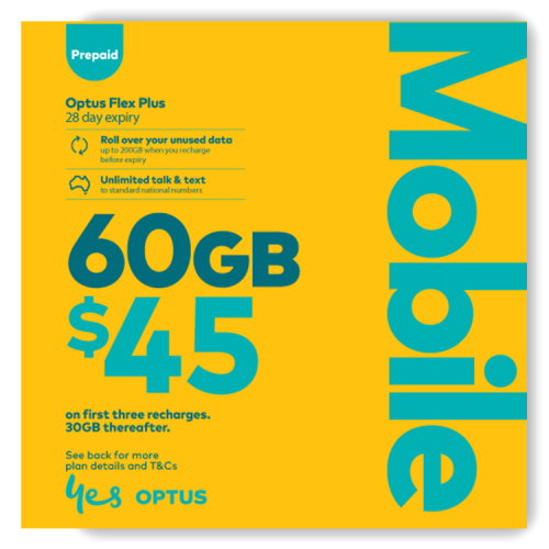 Image of a Optus 60GB prepaid plan card, featuring the Optus logo & Optus flex plus.